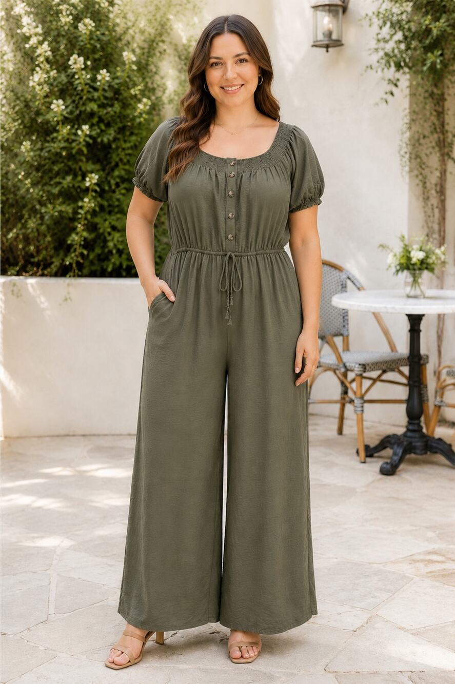 Ivory & Jean Olive Green Puff Sleeve Jumpsuit Size XL